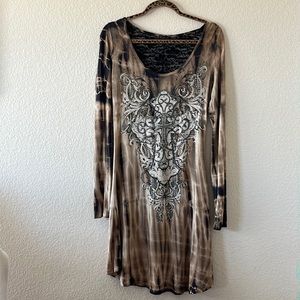 Vocal tunic or dress. Butterscotch and black tie dye print. 27” long.